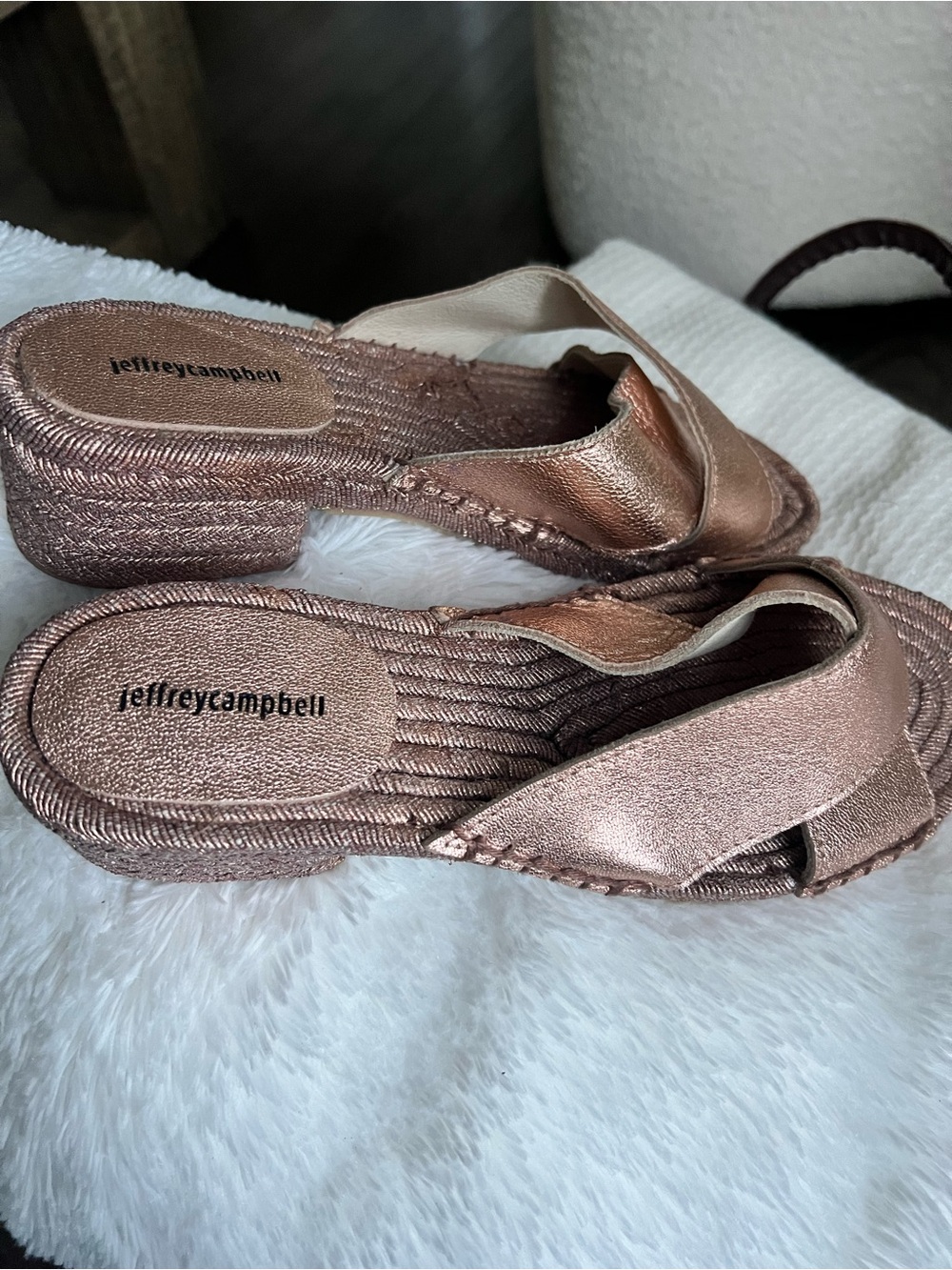 Jeffrey Campbell Metallic Rose Gold Crisscross Slide Clogs